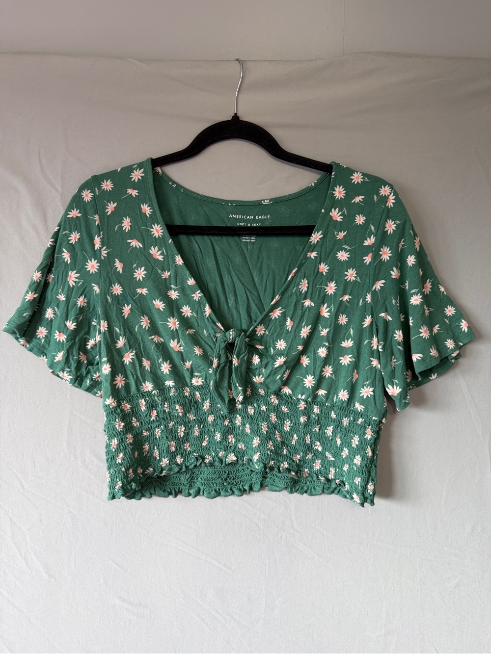 American Eagle Womens Babydoll Boho Floral Crop Top L Green Festival Cottagecore